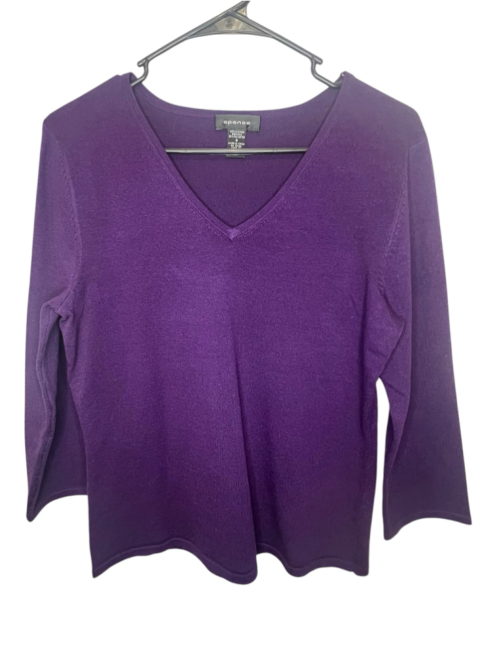 NWOT Spense Purple Silk Blend V-Neck Pullover 3/4 Sleeve Knit Sweater